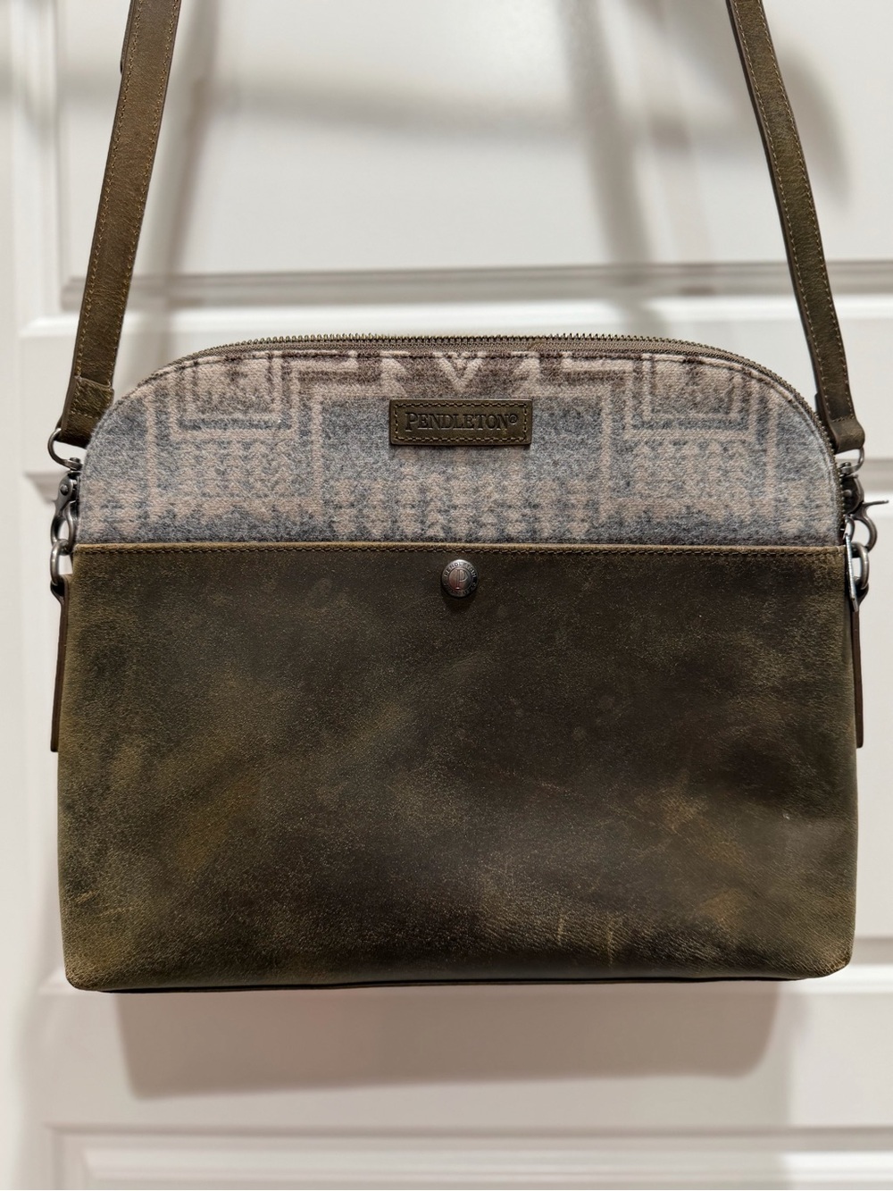 Pendleton Olive Leather and Patterned Wool Crossbody Bag